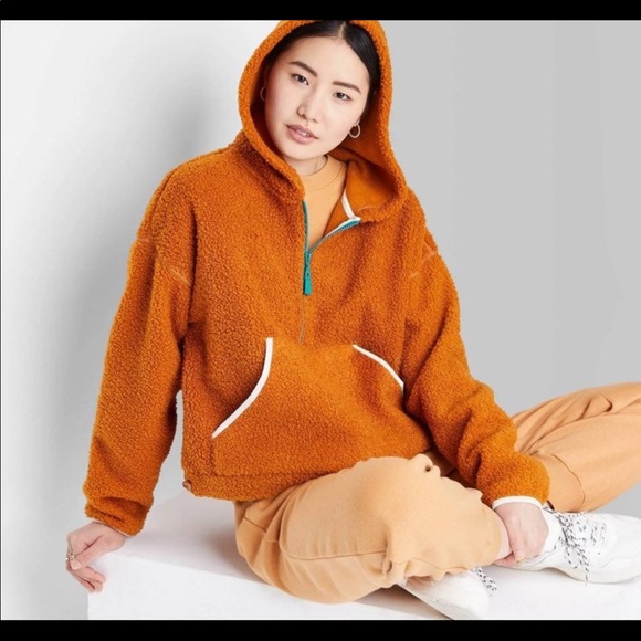 wild fable Jackets & Blazers - Woman’s Sherpa pull over quarter zip jacket with hood NWT. Color rust.